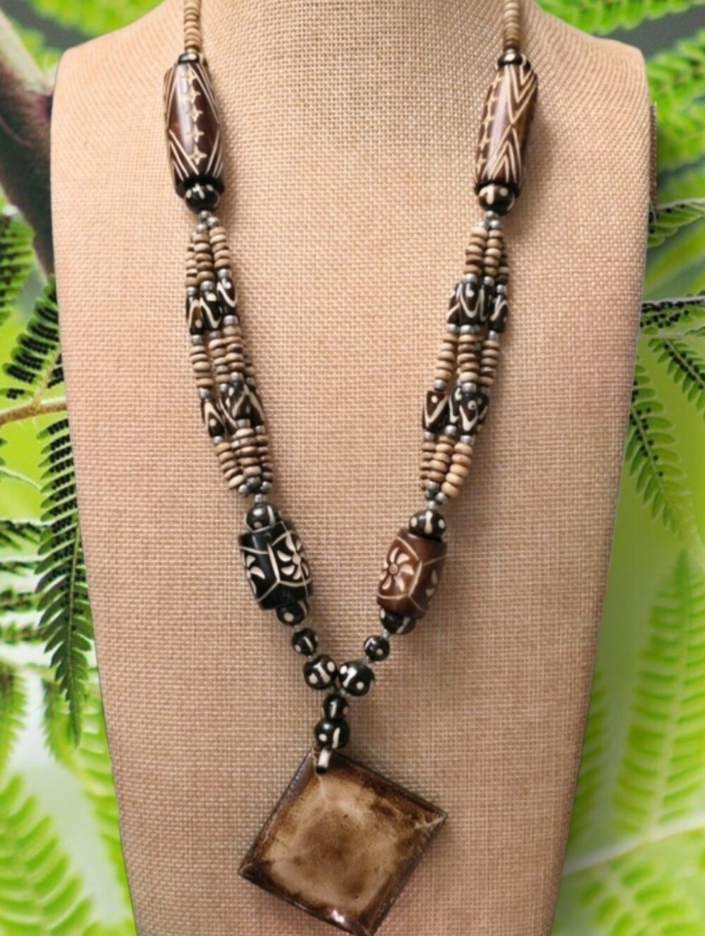 Vintage African Batik Bone Necklace - Unisex